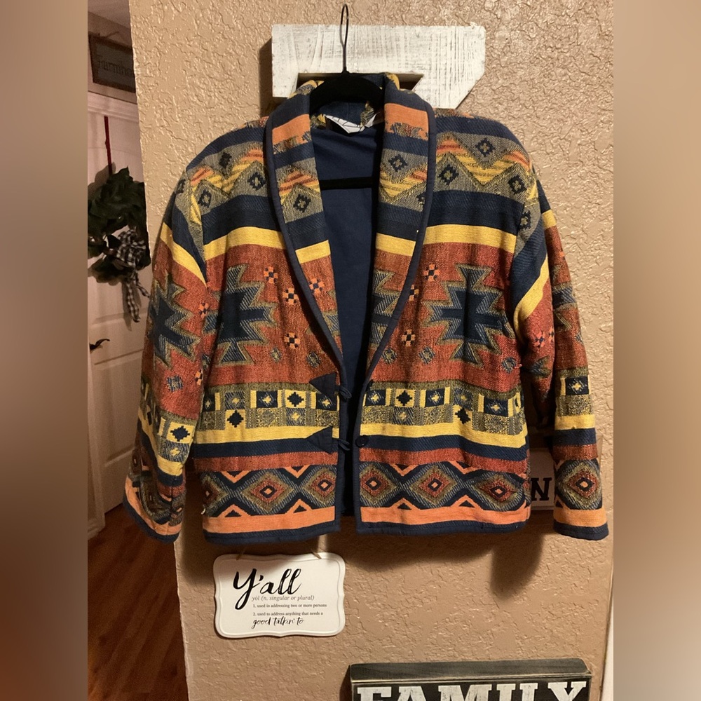 Vintage Silver Stream Orange Navy Aztec Bolero Jacket Women’s One Size